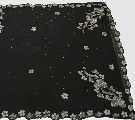 Sushila Vintage Black 100% Pure Georgette Silk Cutwork Saree Floral Craft Fabric