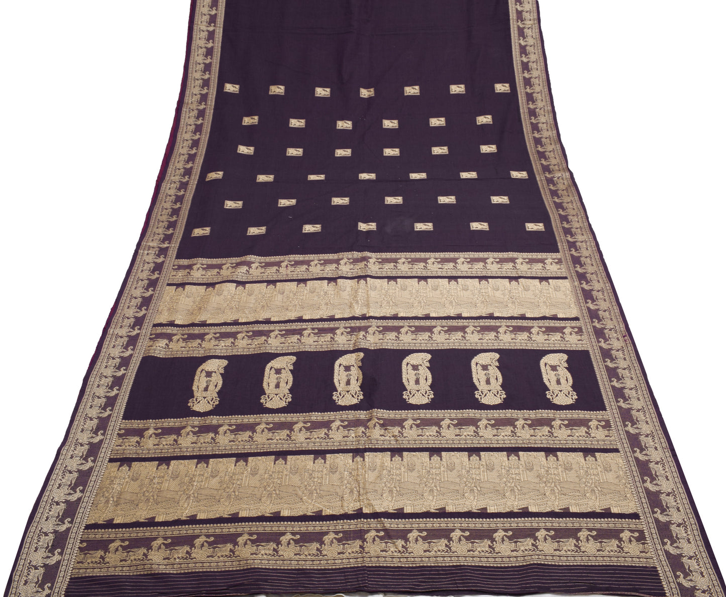 Sushila Vintage Purple Saree 100% Pure Cotton Baluchari Woven Humans Sari Fabric