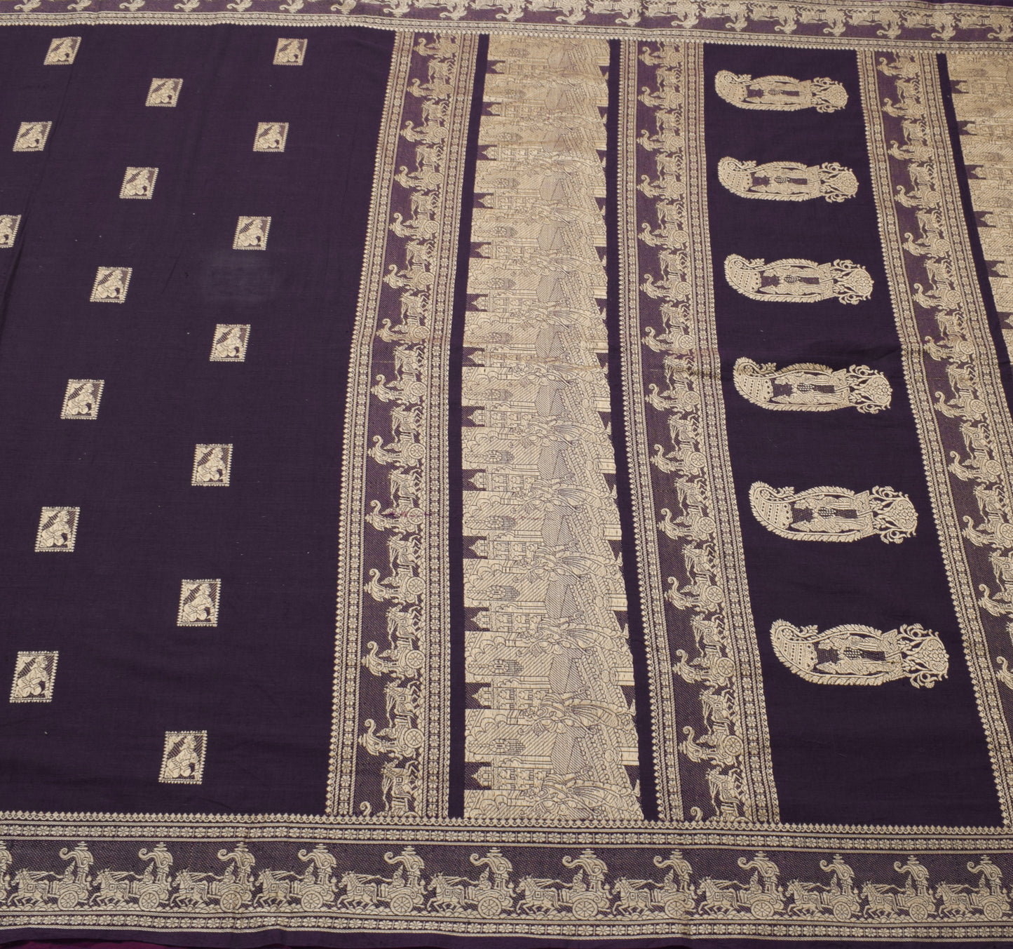 Sushila Vintage Purple Saree 100% Pure Cotton Baluchari Woven Humans Sari Fabric