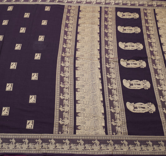 Sushila Vintage Purple Saree 100% Pure Cotton Baluchari Woven Humans Sari Fabric