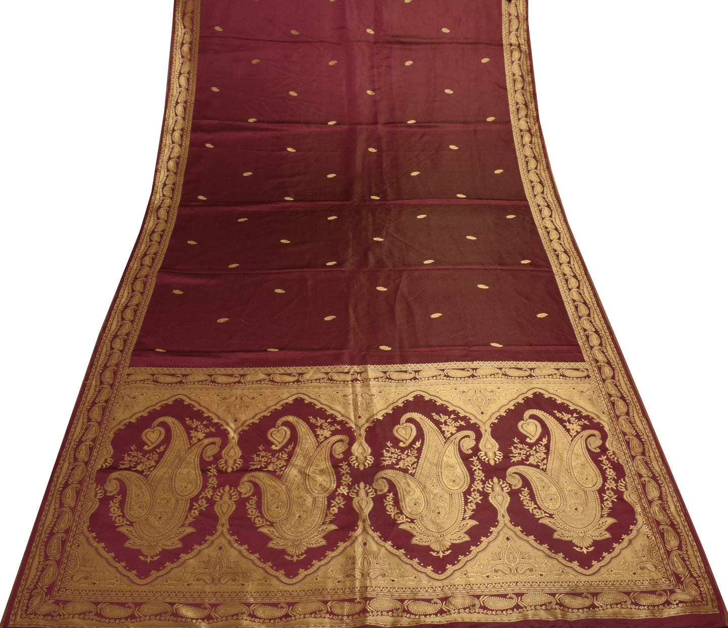 Sushila Vintage Maroon Saree Blend Satin Silk Woven Paisley Soft 5YD Sari Fabric