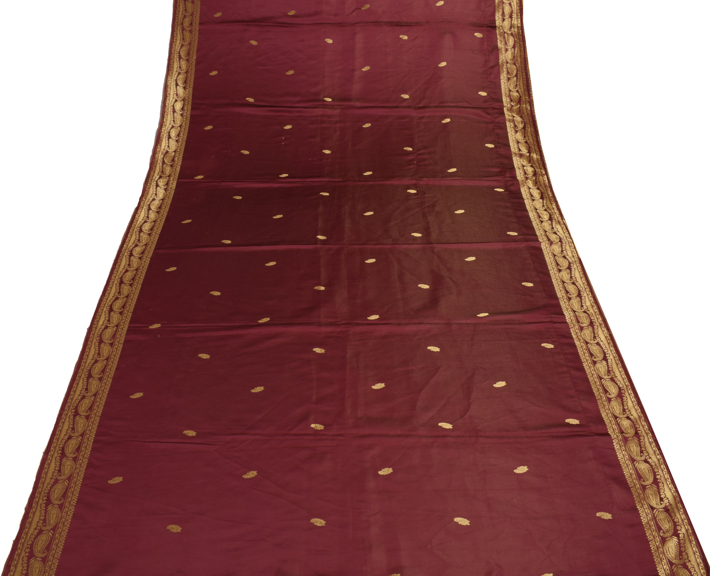 Sushila Vintage Maroon Saree Blend Satin Silk Woven Paisley Soft 5YD Sari Fabric