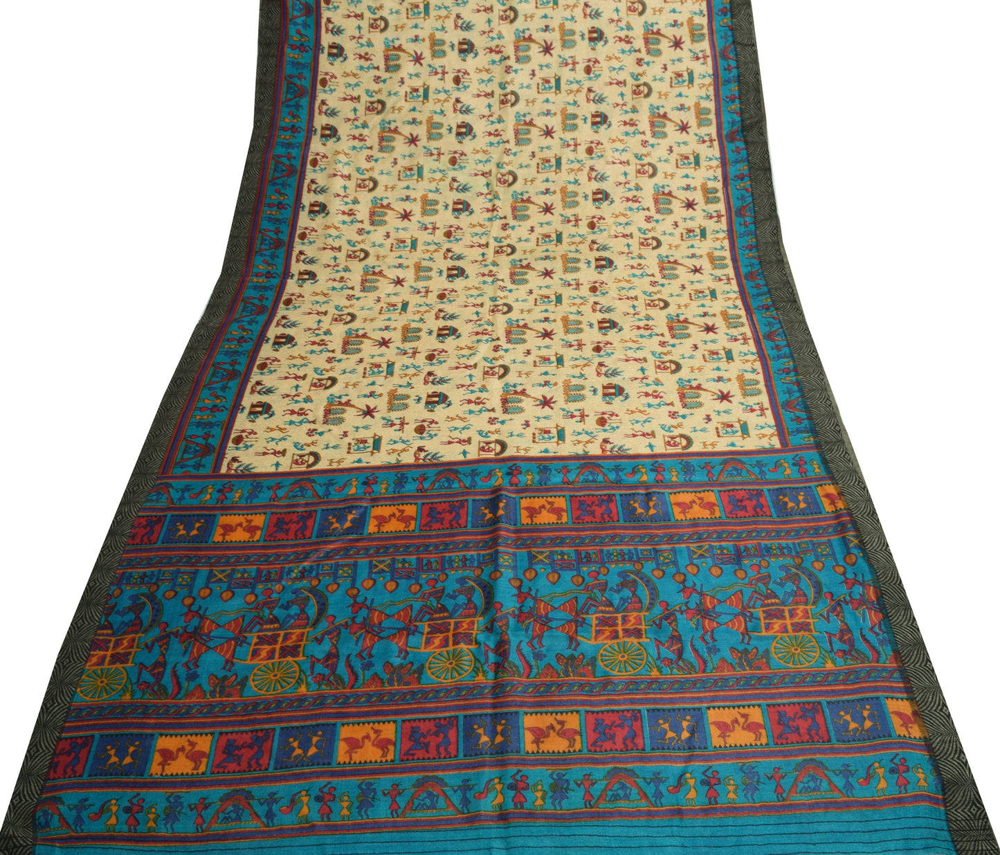 Sushila Vintage Cream Saree 100% Pure Woolen Warli Printed Soft 5YD Sari Fabric