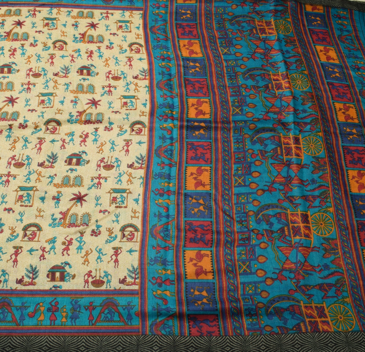 Sushila Vintage Cream Saree 100% Pure Woolen Warli Printed Soft 5YD Sari Fabric