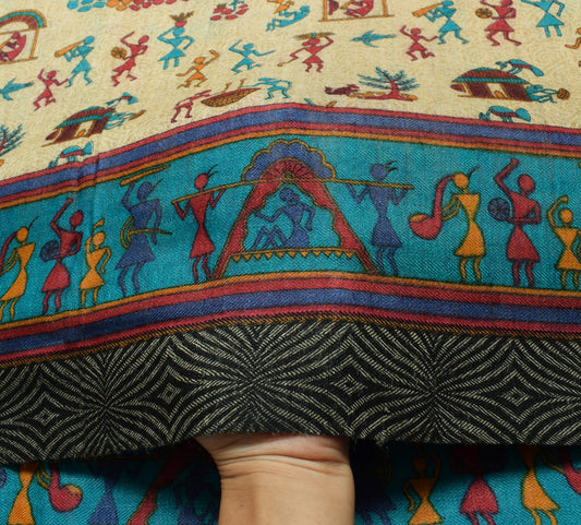 Sushila Vintage Cream Saree 100% Pure Woolen Warli Printed Soft 5YD Sari Fabric