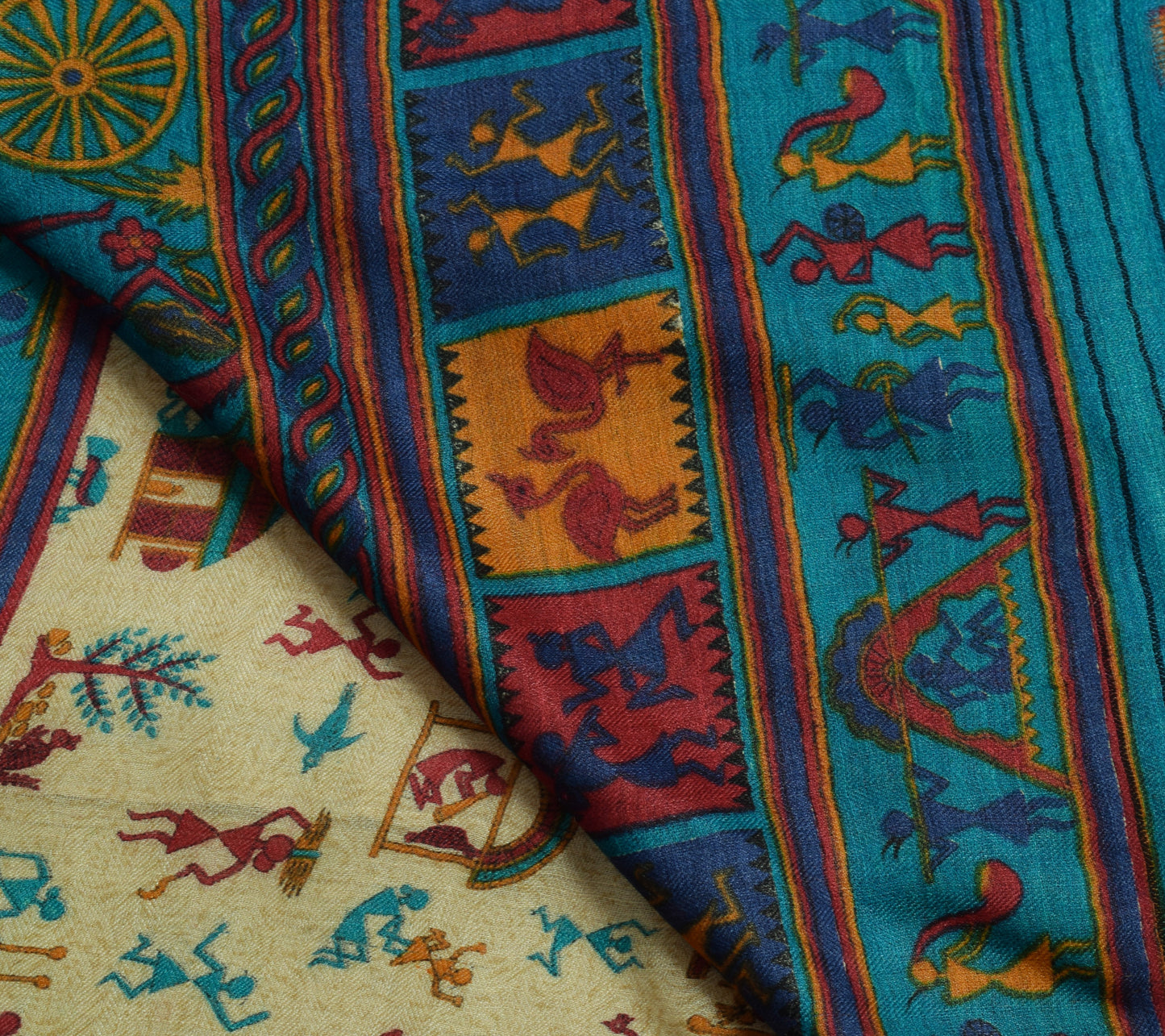 Sushila Vintage Cream Saree 100% Pure Woolen Warli Printed Soft 5YD Sari Fabric