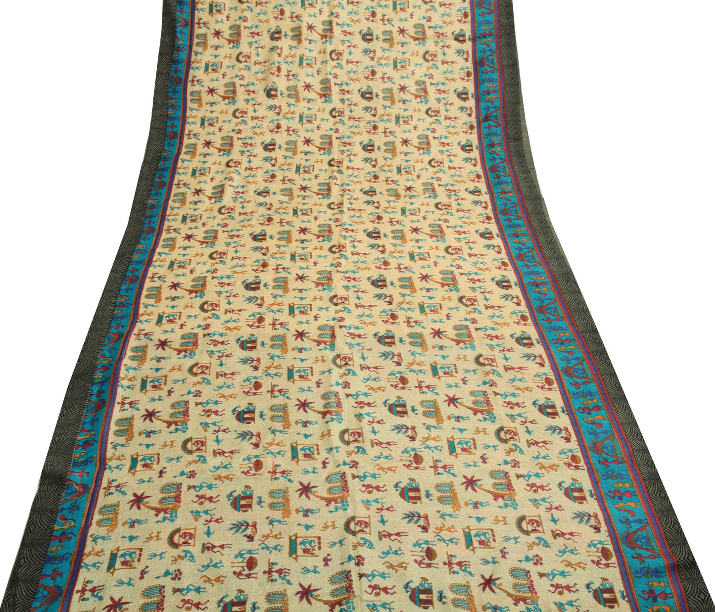 Sushila Vintage Cream Saree 100% Pure Woolen Warli Printed Soft 5YD Sari Fabric