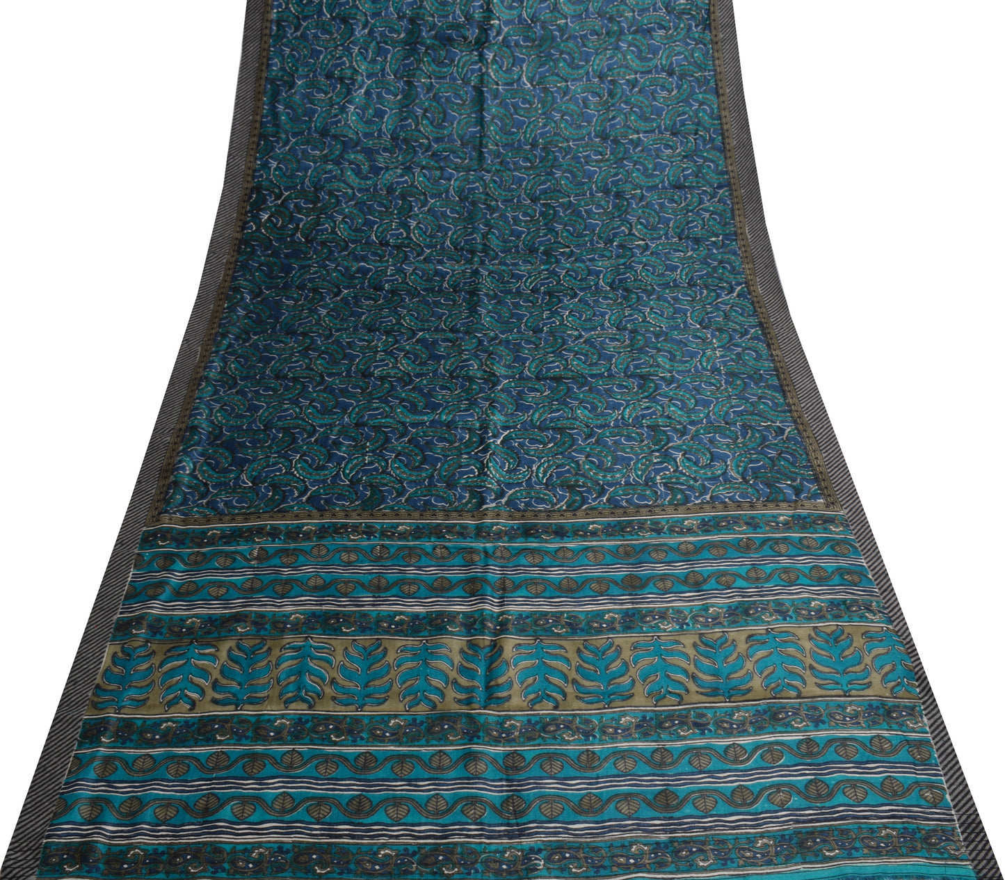 Sushila Vintage Blue Saree 100% Pure Woolen Floral Printed & Woven Sari Fabric