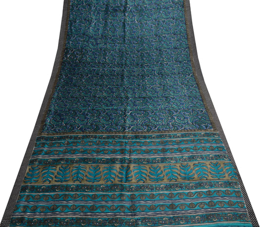 Sushila Vintage Blue Saree 100% Pure Woolen Floral Printed & Woven Sari Fabric