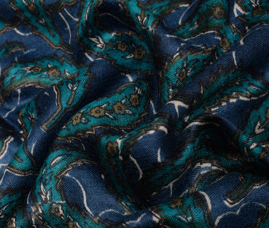 Sushila Vintage Blue Saree 100% Pure Woolen Floral Printed & Woven Sari Fabric