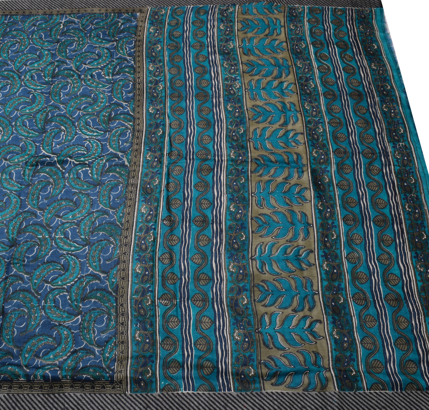 Sushila Vintage Blue Saree 100% Pure Woolen Floral Printed & Woven Sari Fabric