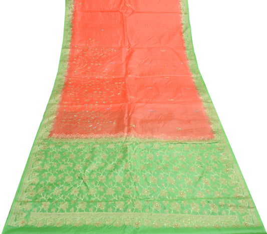 Sushila Vintage Peach Saree 100% Pure Silk Hand Beaded Sari With Blouse Fabric