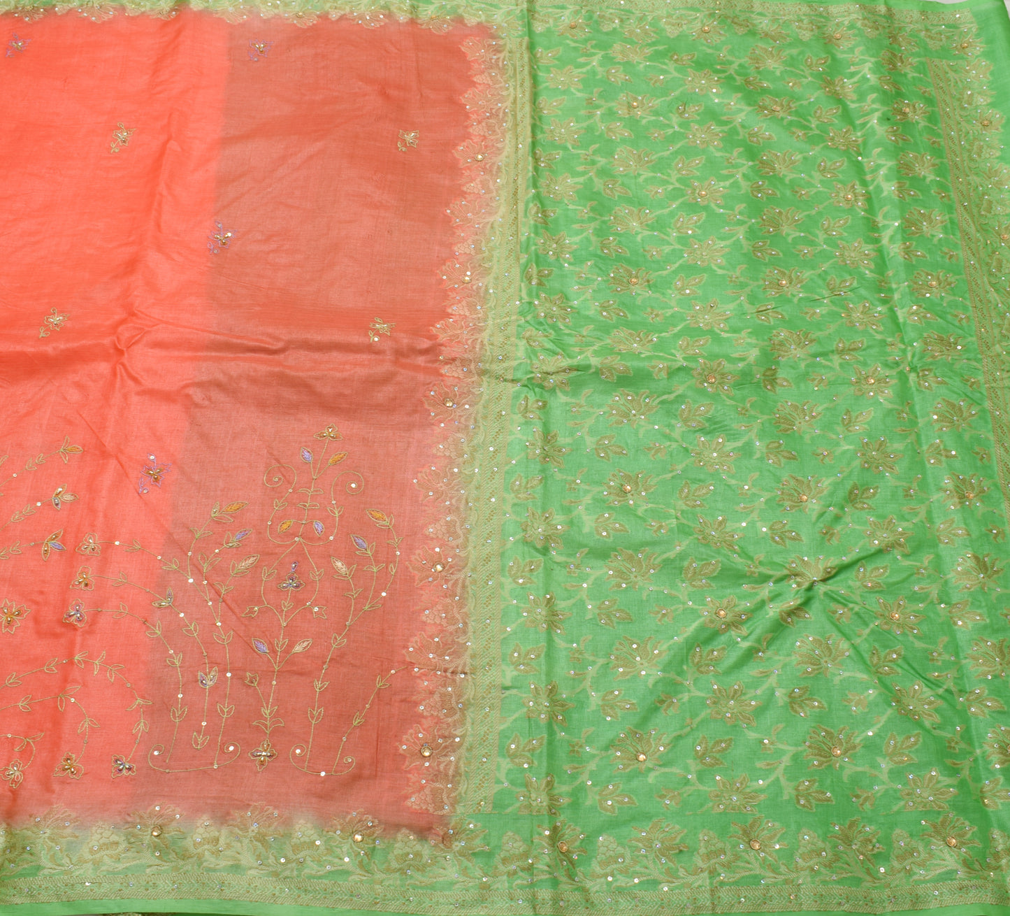 Sushila Vintage Peach Saree 100% Pure Silk Hand Beaded Sari With Blouse Fabric