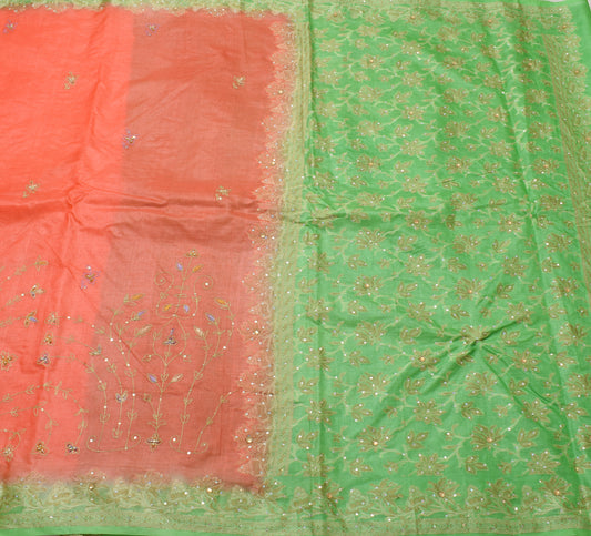 Sushila Vintage Peach Saree 100% Pure Silk Hand Beaded Sari With Blouse Fabric