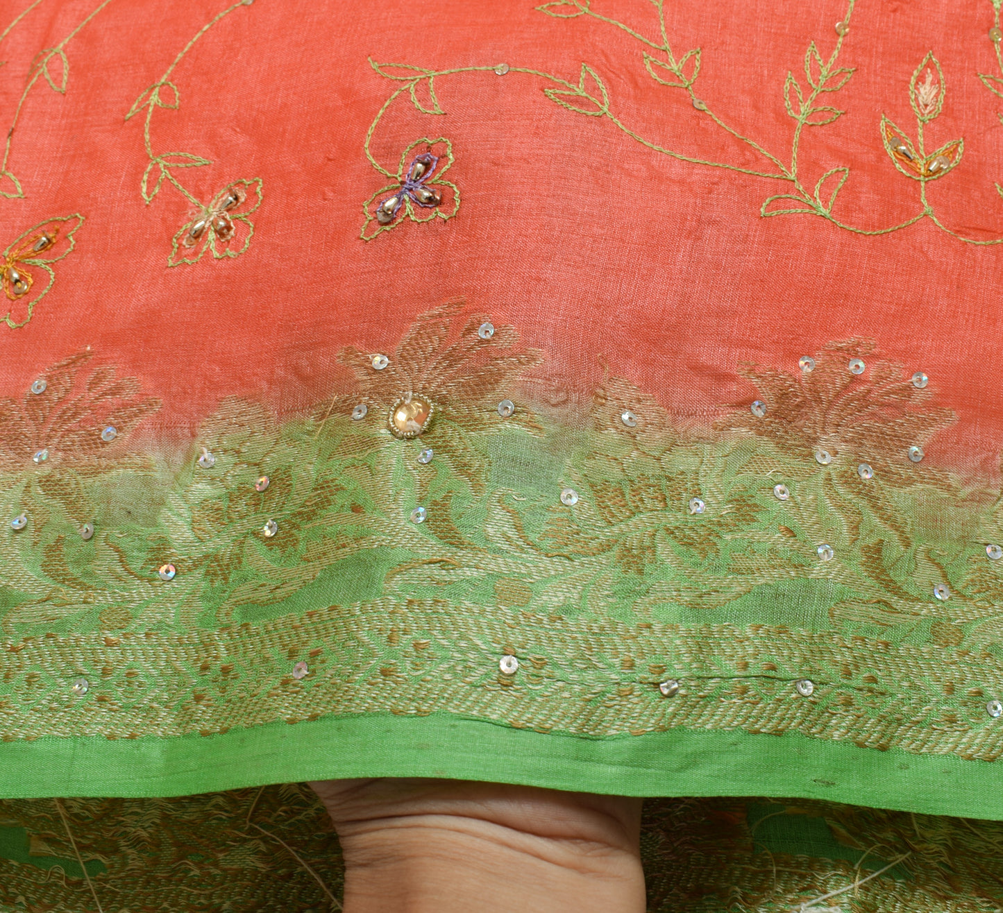 Sushila Vintage Peach Saree 100% Pure Silk Hand Beaded Sari With Blouse Fabric
