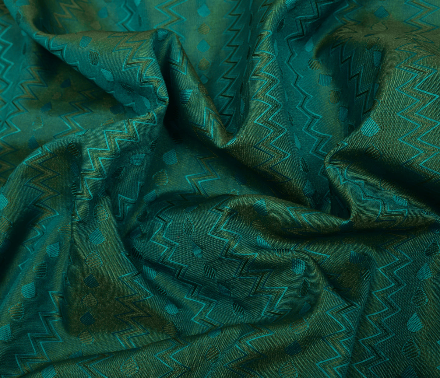 Sushila Vintage Teal Green Saree Art Silk All Over Woven Zig-Zag Sari Fabric