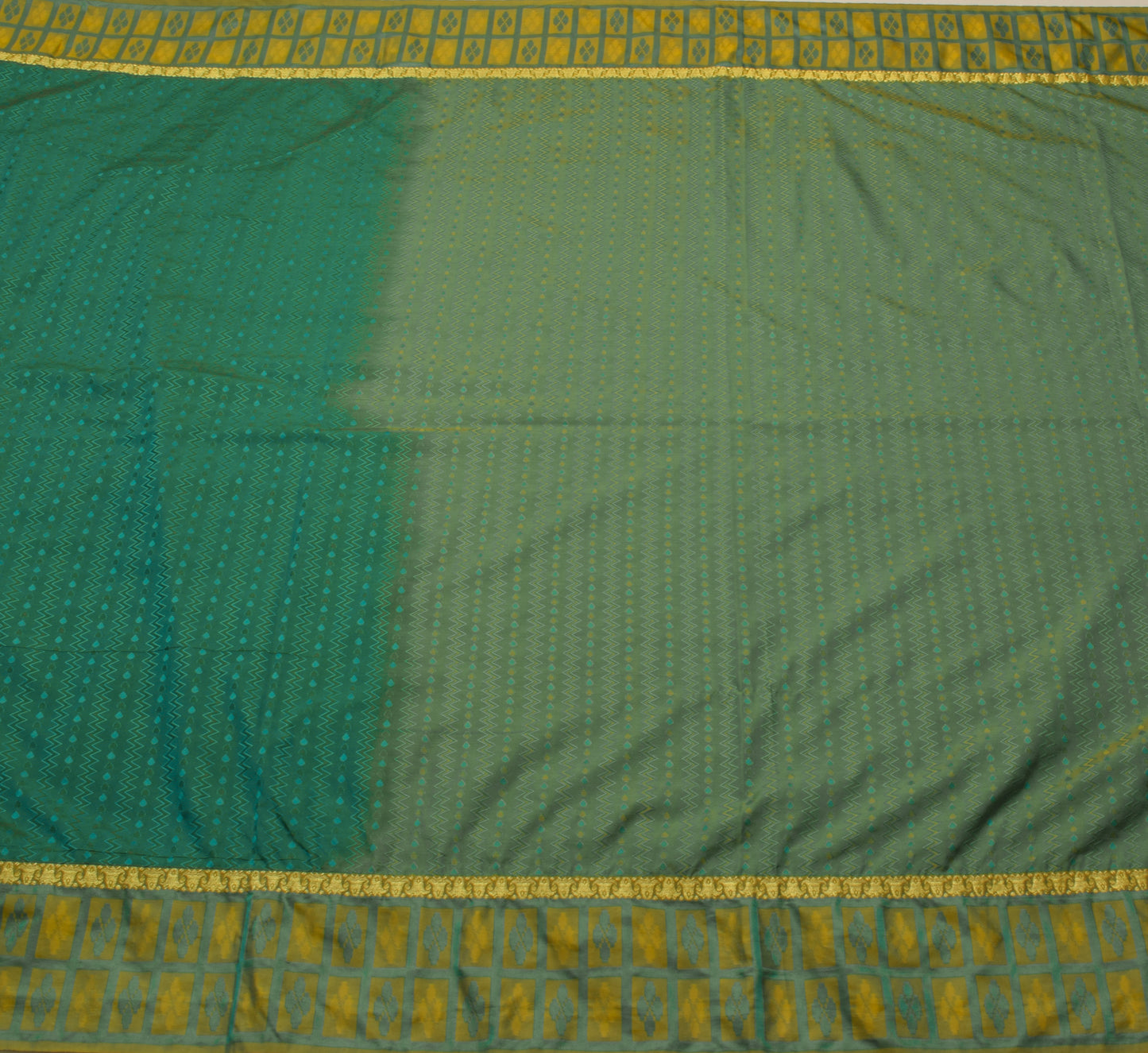 Sushila Vintage Teal Green Saree Art Silk All Over Woven Zig-Zag Sari Fabric