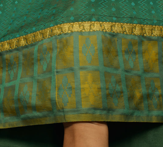 Sushila Vintage Teal Green Saree Art Silk All Over Woven Zig-Zag Sari Fabric