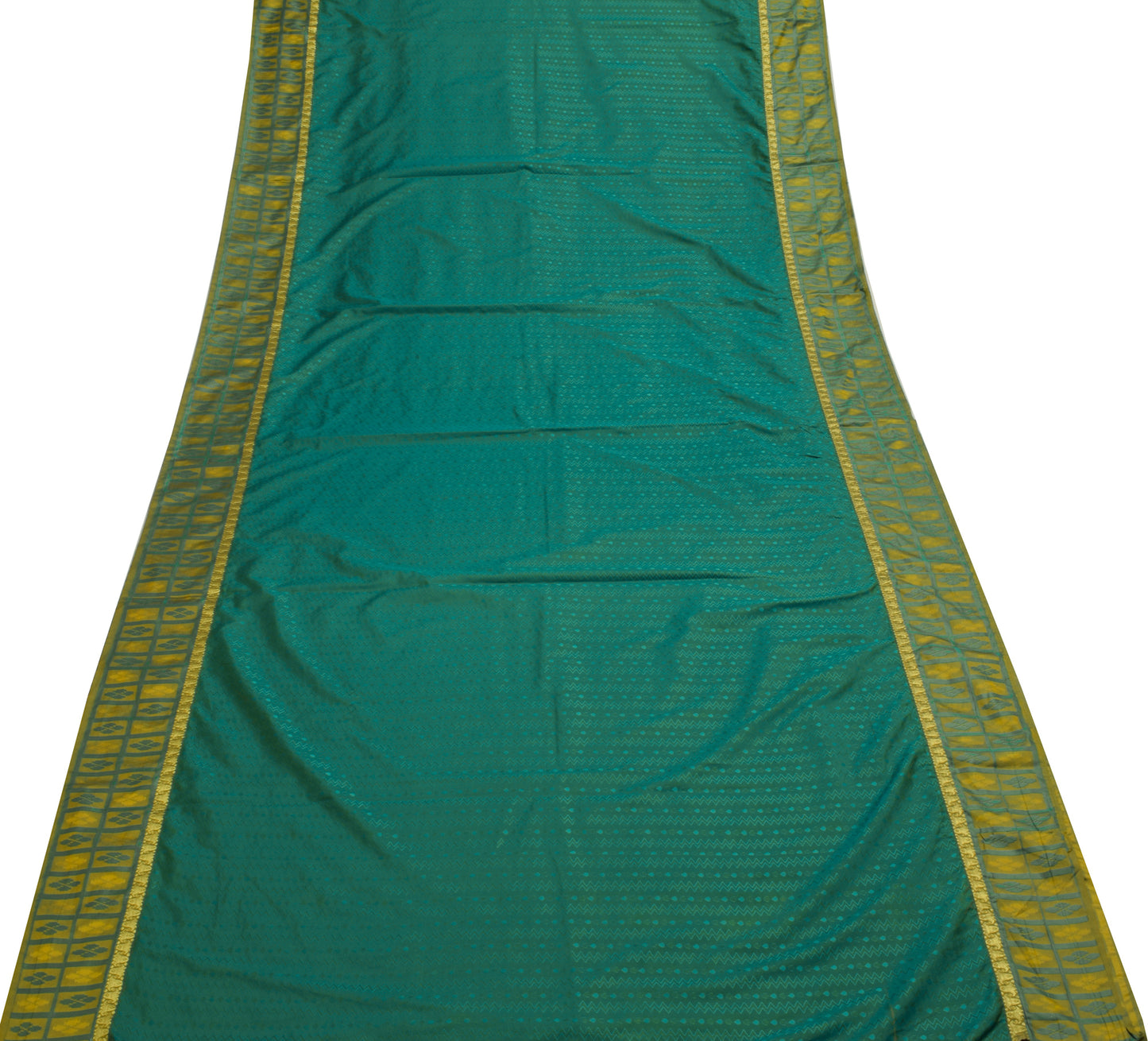 Sushila Vintage Teal Green Saree Art Silk All Over Woven Zig-Zag Sari Fabric