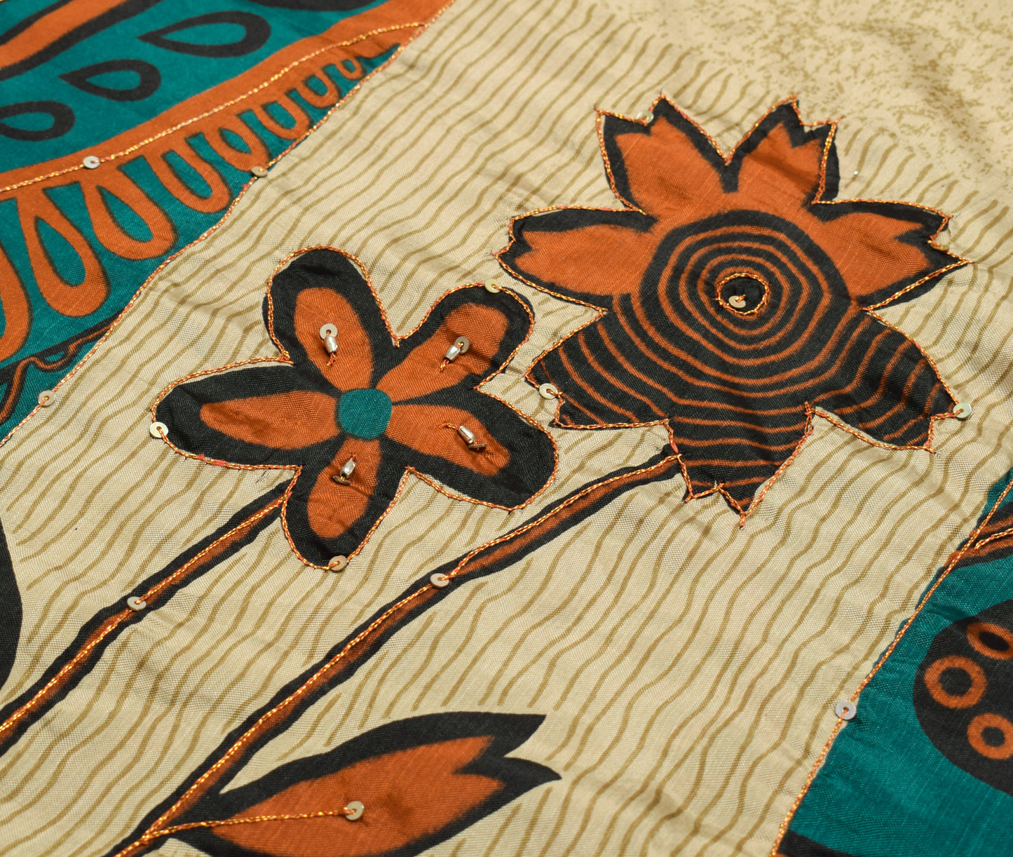 Sushila Vintage Light Brown Saree Art Silk Aari Work Floral Sari Fabric