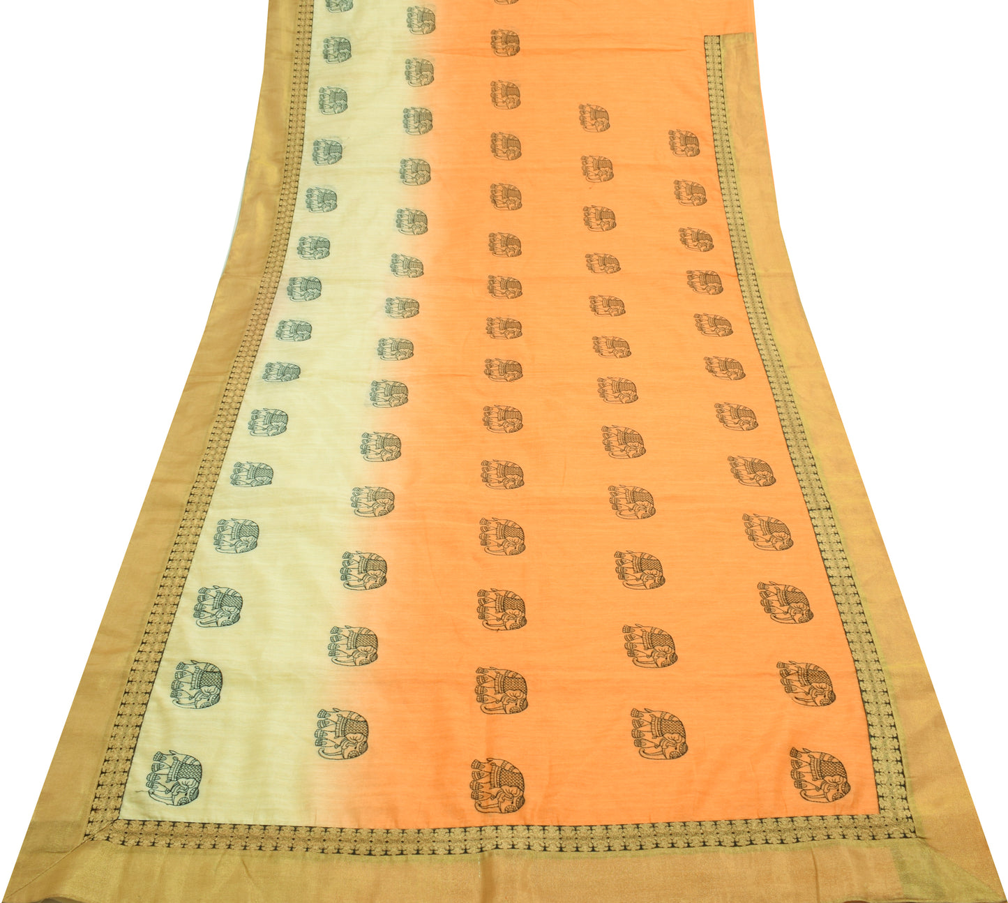 Sushila Vintage Cream & Orange Saree Art Silk Animal Embroidered 5YD Sari Fabric