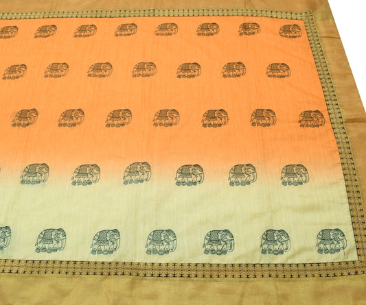 Sushila Vintage Cream & Orange Saree Art Silk Animal Embroidered 5YD Sari Fabric