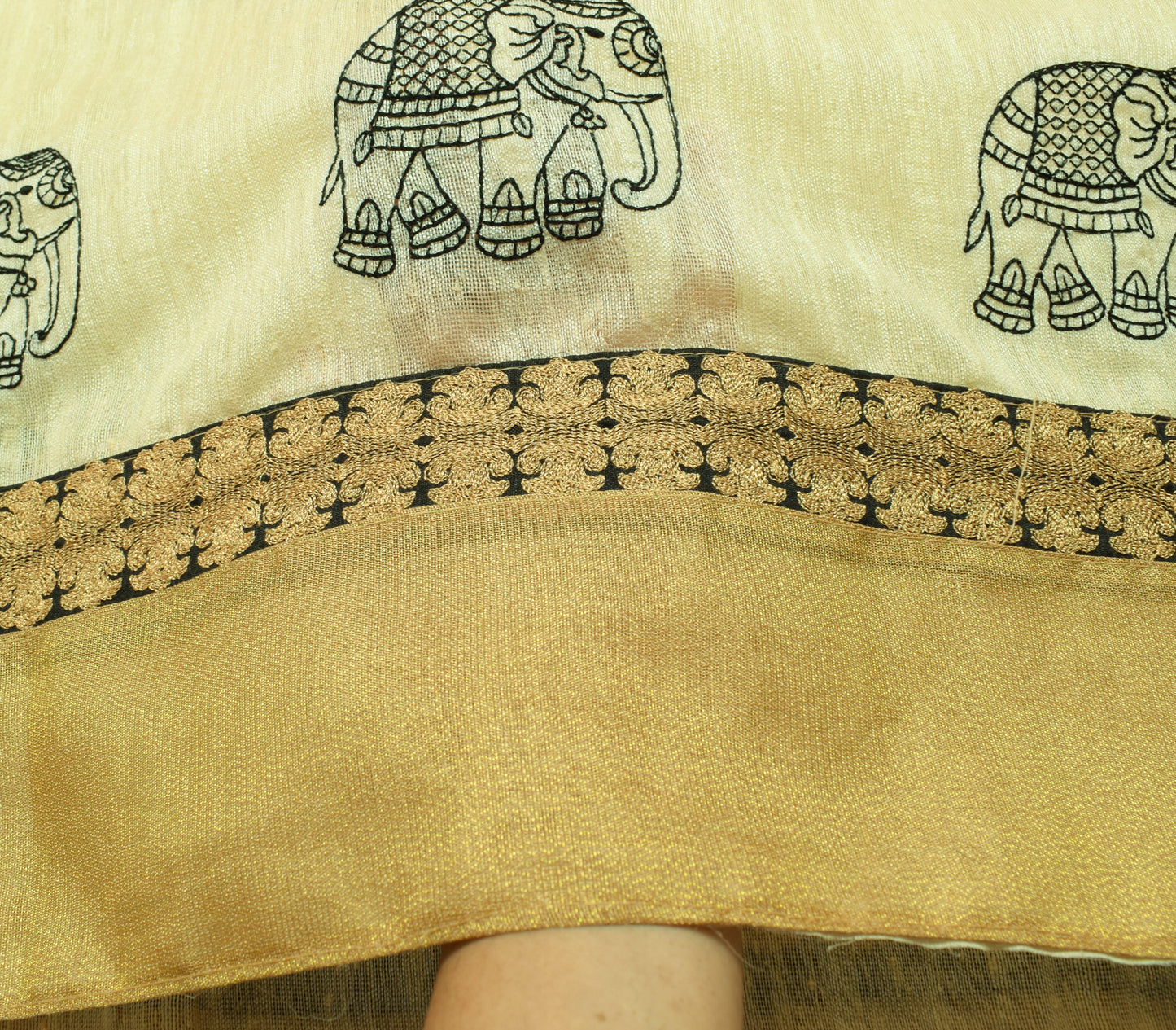 Sushila Vintage Cream & Orange Saree Art Silk Animal Embroidered 5YD Sari Fabric