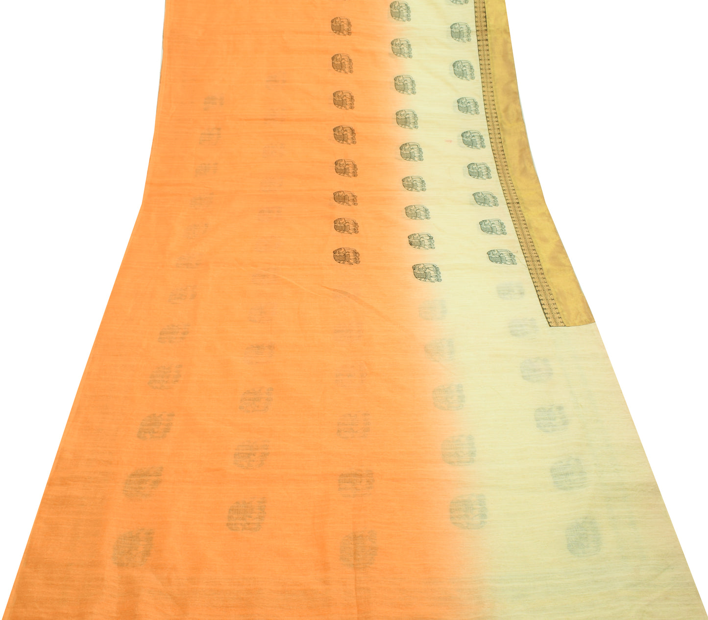 Sushila Vintage Cream & Orange Saree Art Silk Animal Embroidered 5YD Sari Fabric