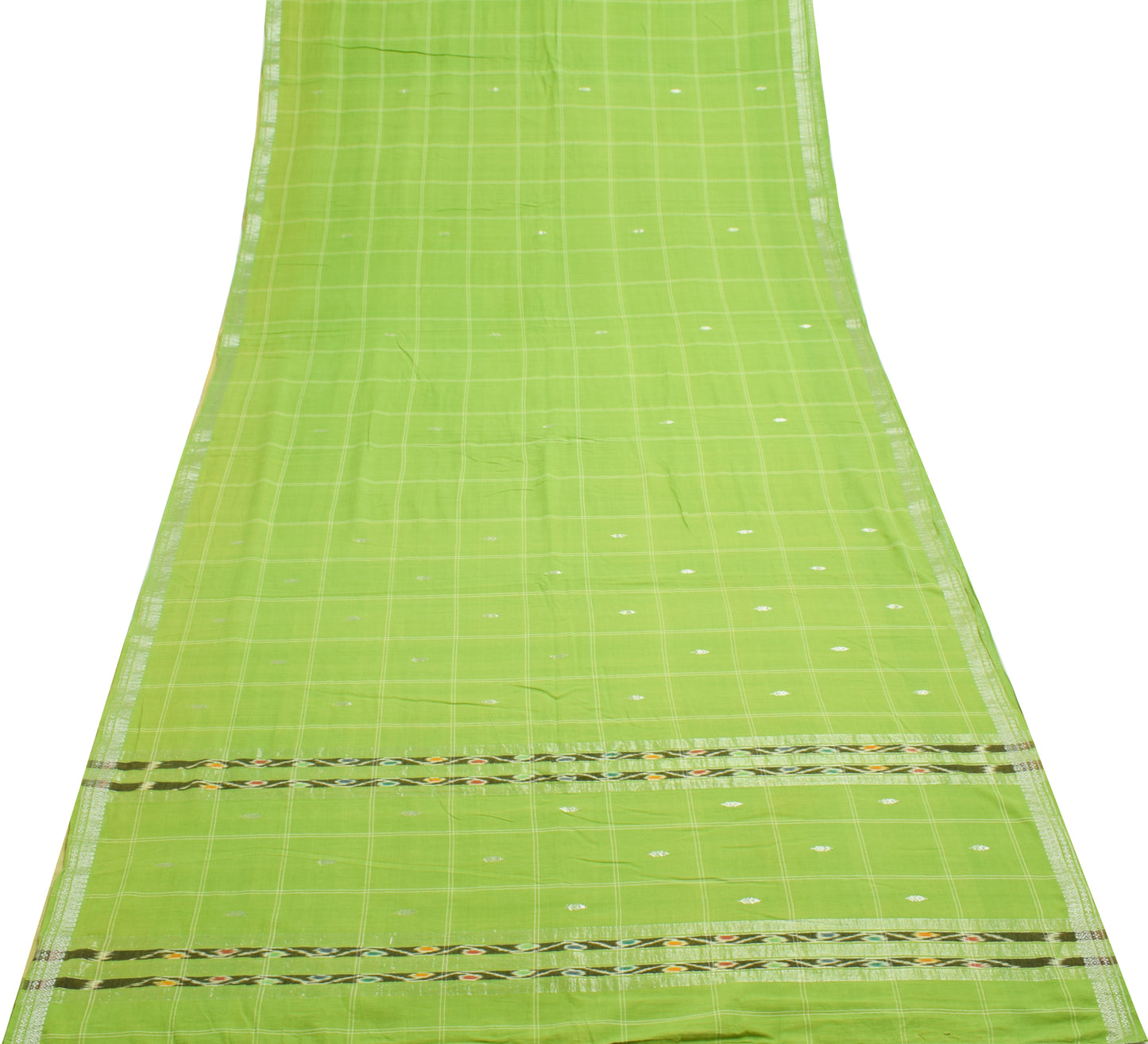 Sushila Vintage Green Saree 100% Pure Cotton Checks Woven Soft Sari Craft Fabric
