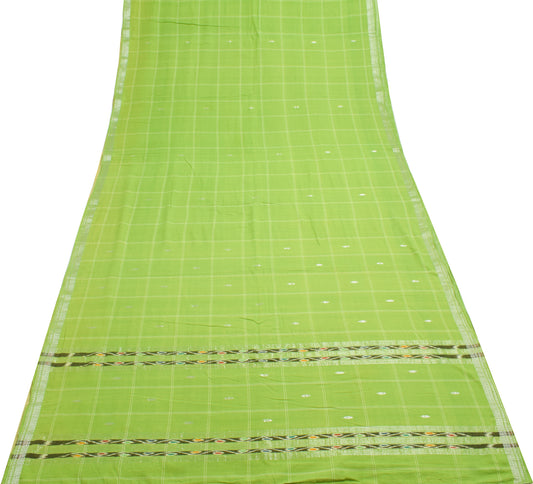 Sushila Vintage Green Saree 100% Pure Cotton Checks Woven Soft Sari Craft Fabric