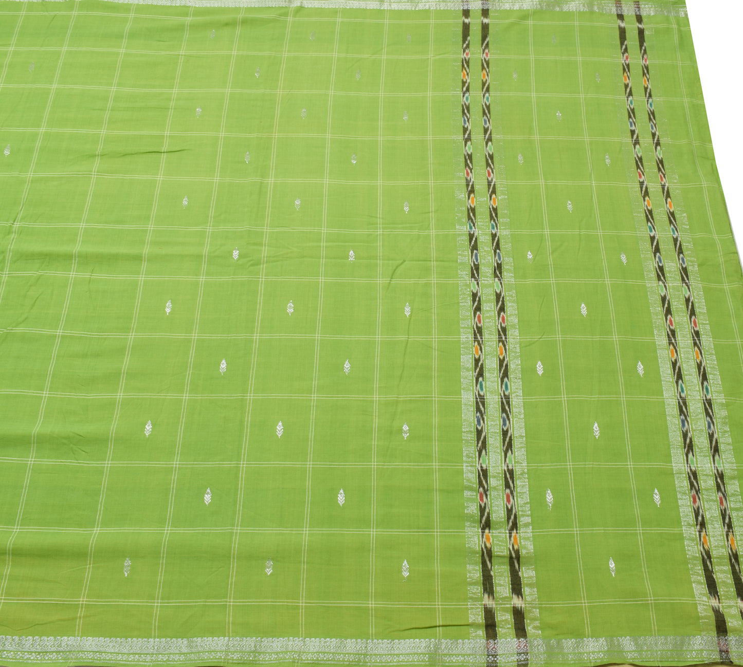Sushila Vintage Green Saree 100% Pure Cotton Checks Woven Soft Sari Craft Fabric