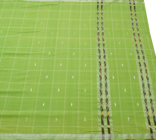 Sushila Vintage Green Saree 100% Pure Cotton Checks Woven Soft Sari Craft Fabric
