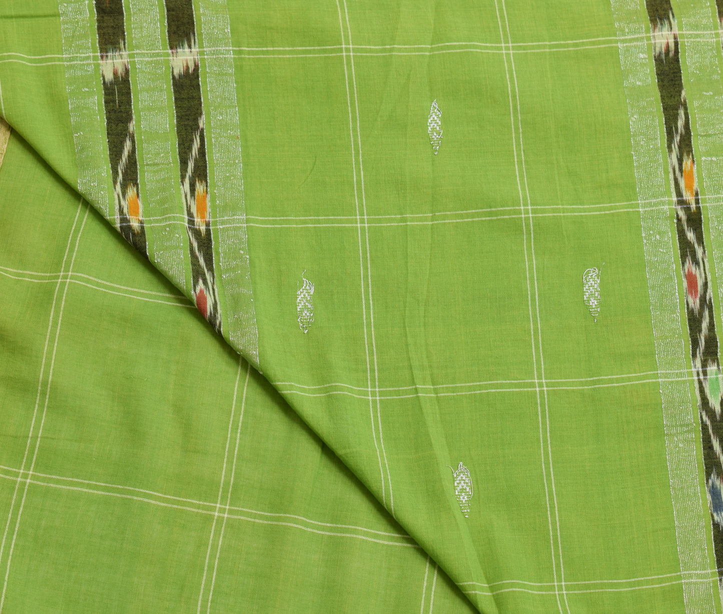 Sushila Vintage Green Saree 100% Pure Cotton Checks Woven Soft Sari Craft Fabric