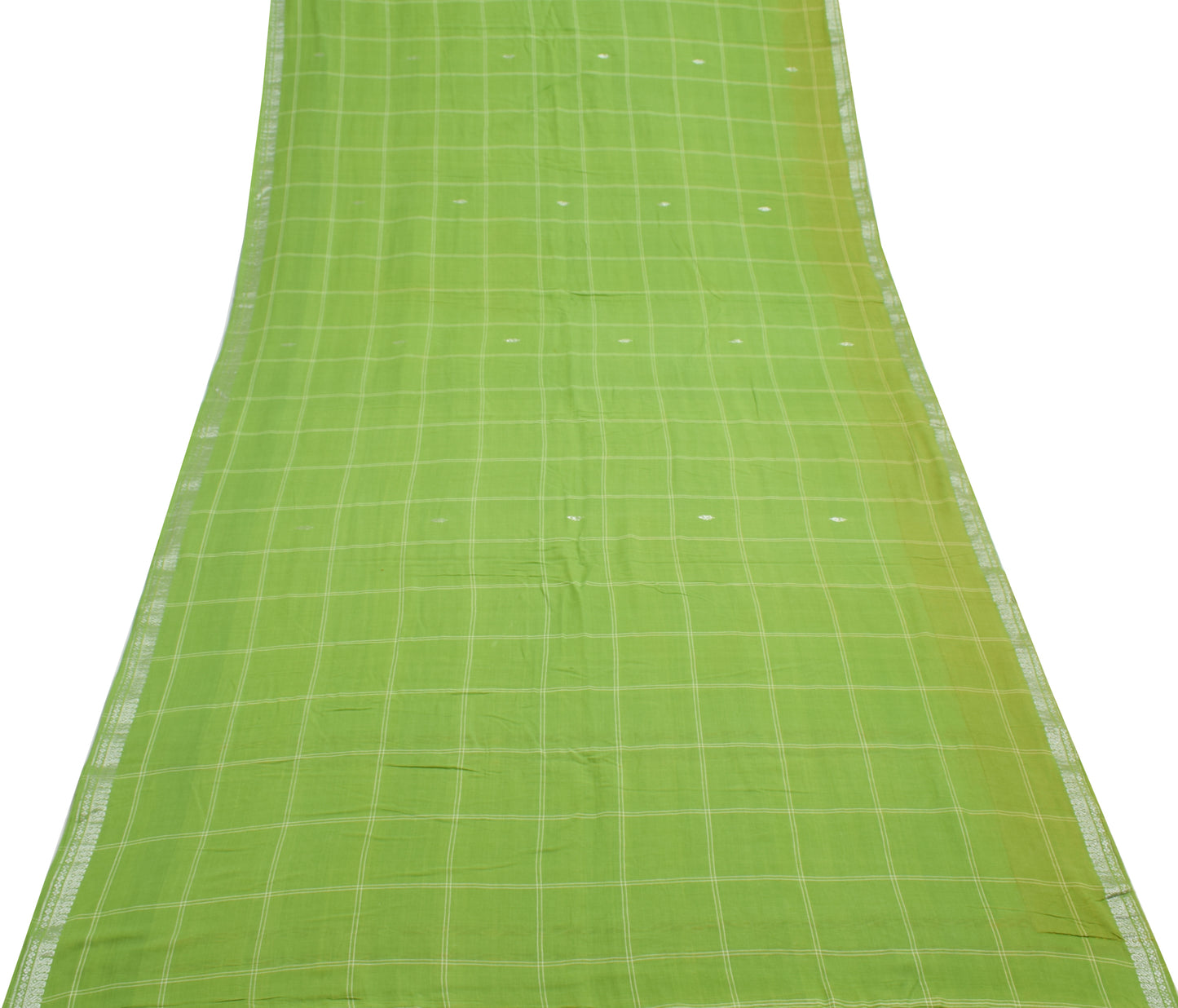 Sushila Vintage Green Saree 100% Pure Cotton Checks Woven Soft Sari Craft Fabric