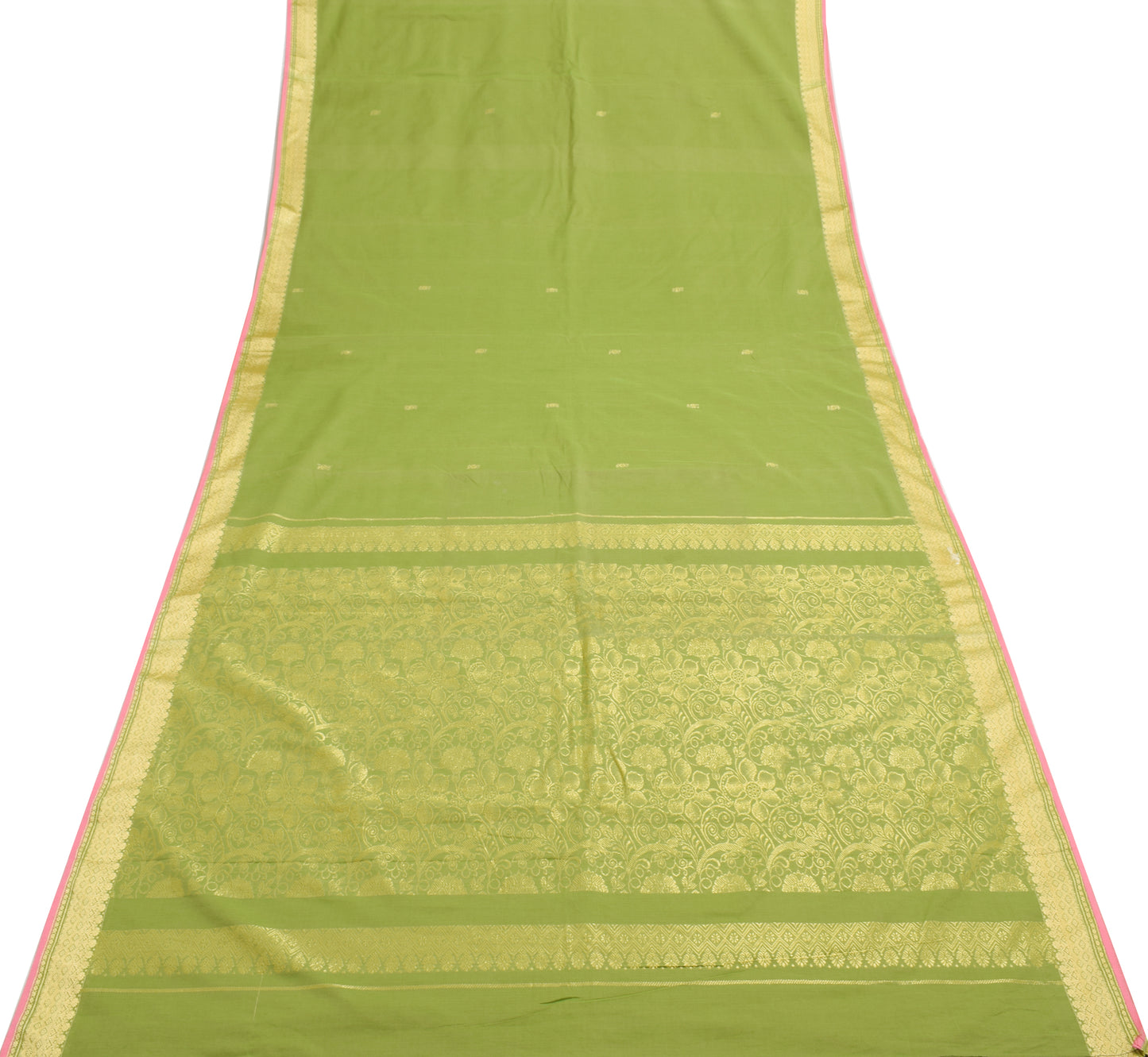 Sushila Vintage Green Indian Saree Blend Cotton Woven Floral Sari Craft Fabric