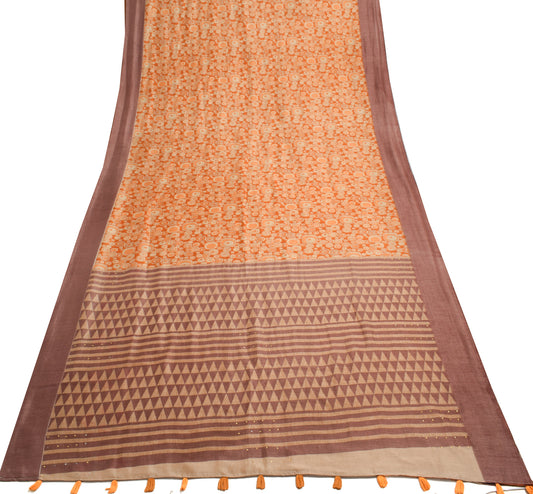 Sushila Vintage Orange Saree Art Silk Woven & Printed Sari 5 Yard Craft Fabric