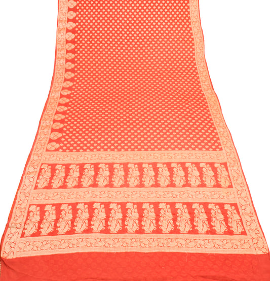 Sushila Vintage Banarasi Handloom Saree 100% Pure Georgette Silk Woven Floral Orange Sari Fabric