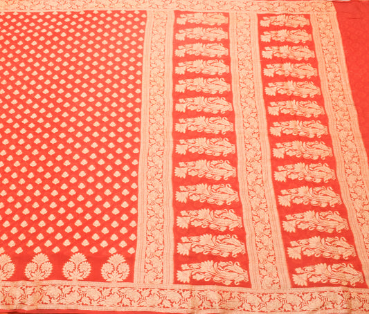 Sushila Vintage Banarasi Handloom Saree 100% Pure Georgette Silk Woven Floral Orange Sari Fabric