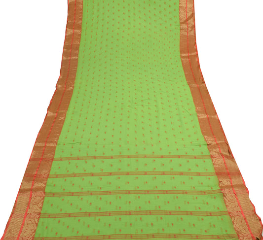 Sushila Vintage Parrot Green Saree 100% Pure Cotton Tant Woven Soft Sari Fabric