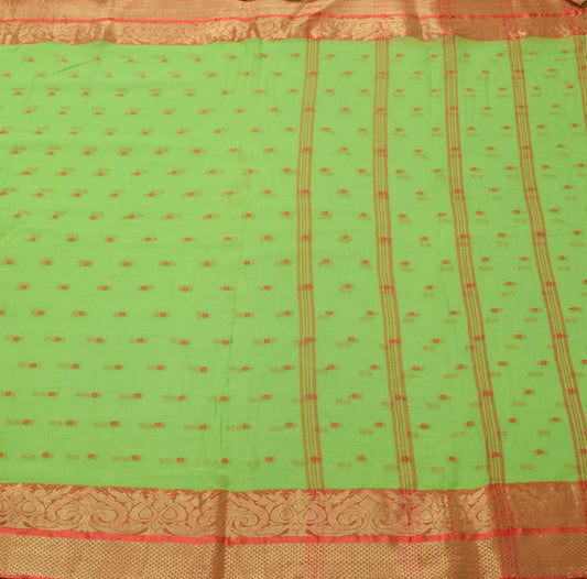 Sushila Vintage Parrot Green Saree 100% Pure Cotton Tant Woven Soft Sari Fabric