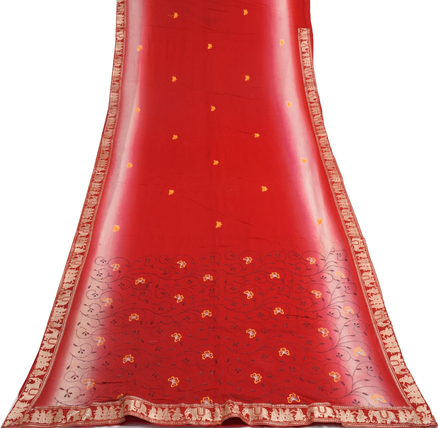 Sushila Vintage Red Saree 100% Pure Cotton Embroidered Floral Soft Sari Fabric