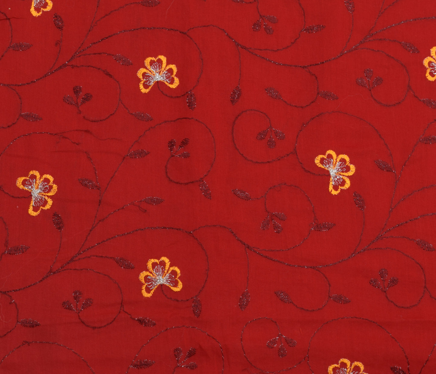 Sushila Vintage Red Saree 100% Pure Cotton Embroidered Floral Soft Sari Fabric