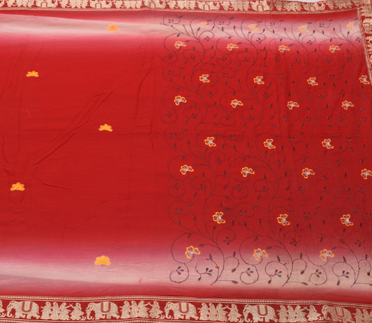 Sushila Vintage Red Saree 100% Pure Cotton Embroidered Floral Soft Sari Fabric