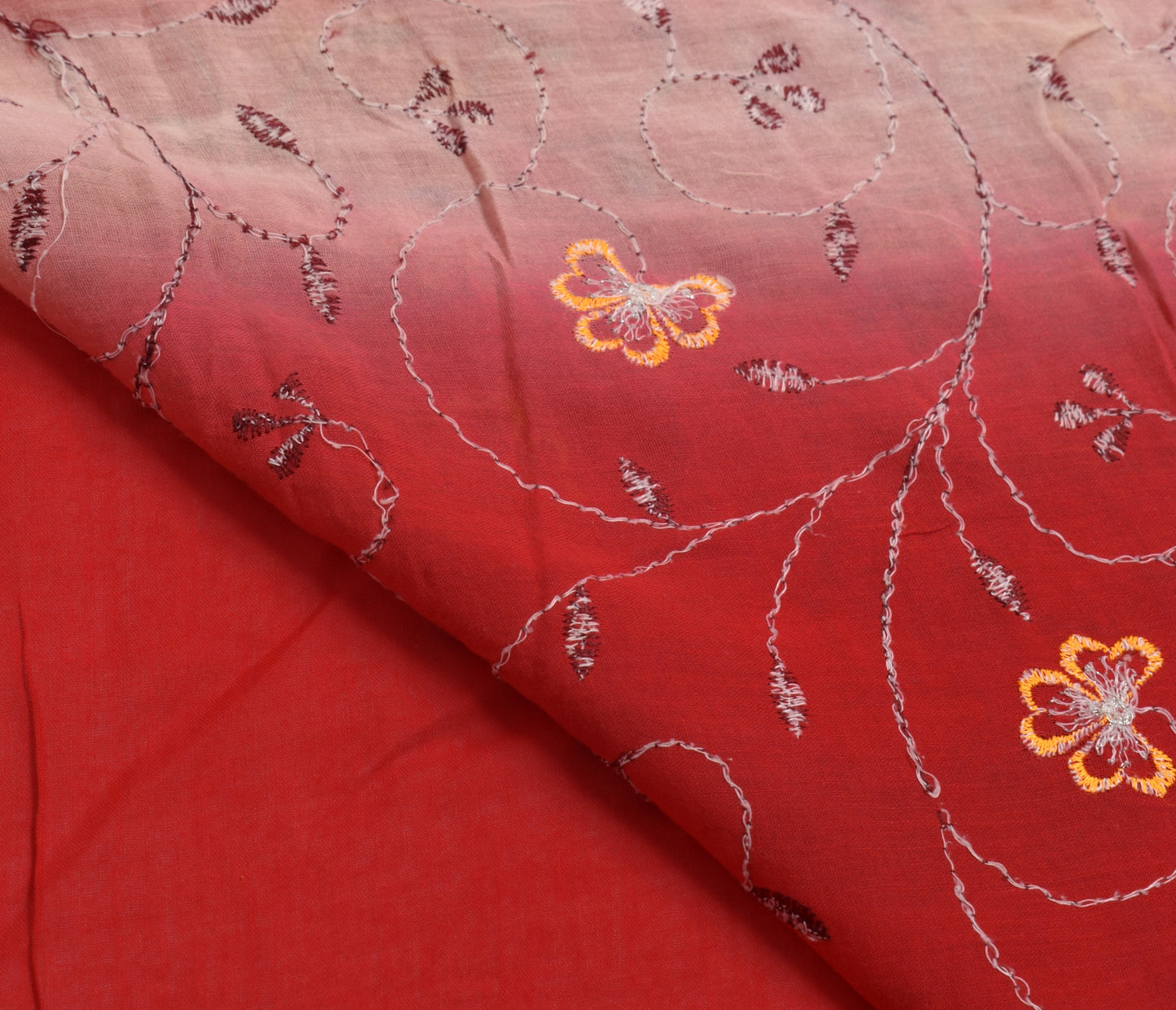 Sushila Vintage Red Saree 100% Pure Cotton Embroidered Floral Soft Sari Fabric