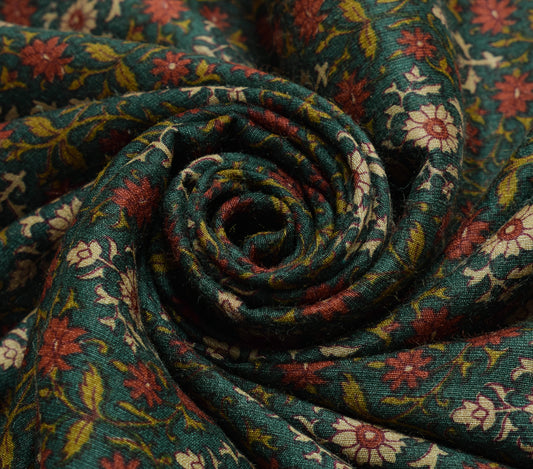 Sushila Vintage Teal Green BRANDED Saree Pure Woolen Woven Floral Sari Craft Fabric