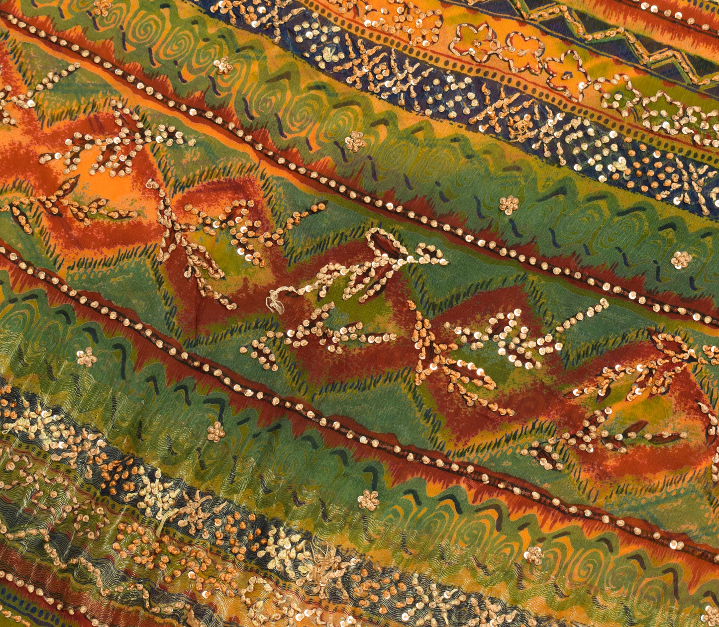 Sushila Vintage Green Saree 100% Pure Chiffon Silk Hand Beaded Sari Dress Fabric