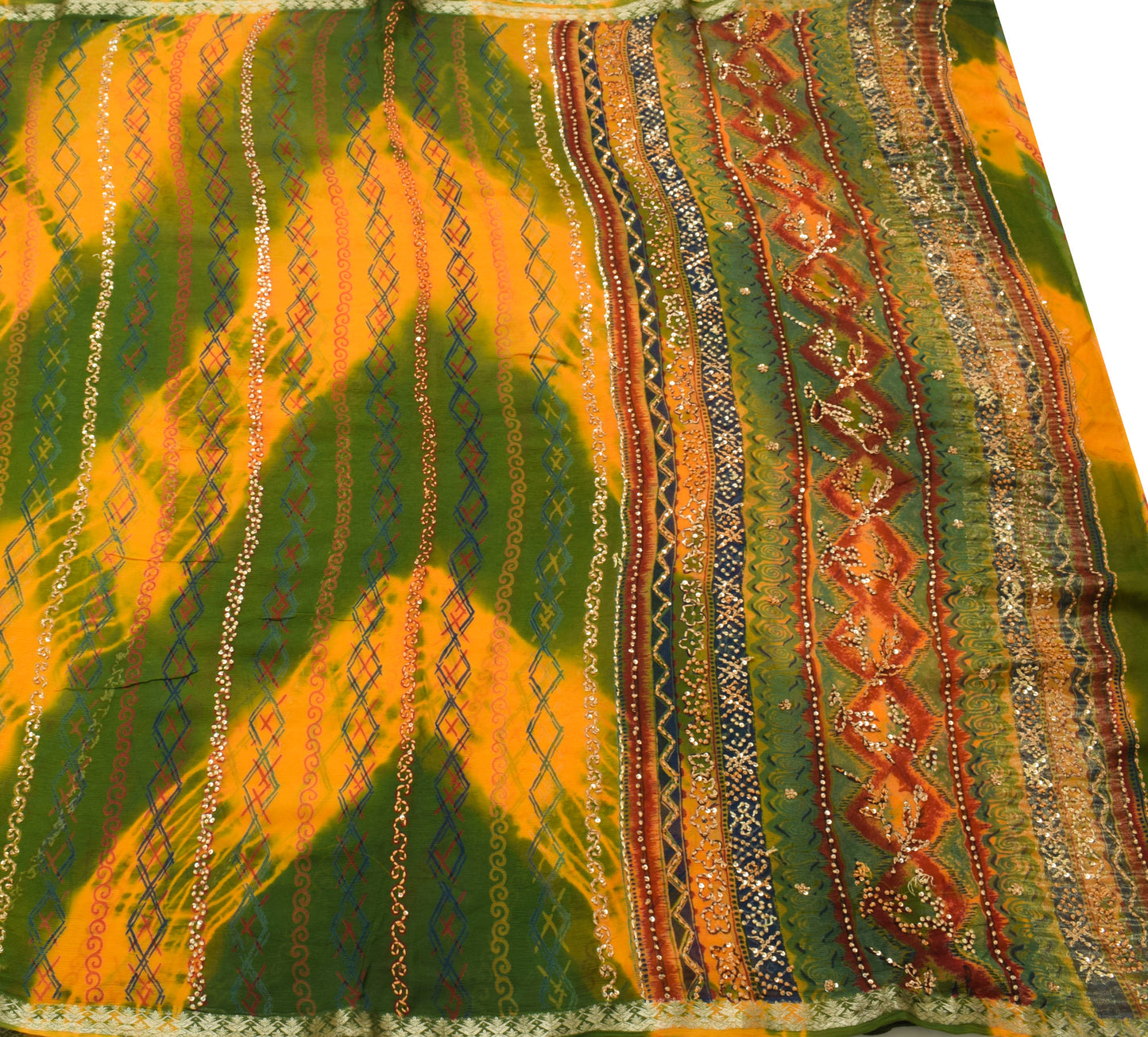 Sushila Vintage Green Saree 100% Pure Chiffon Silk Hand Beaded Sari Dress Fabric