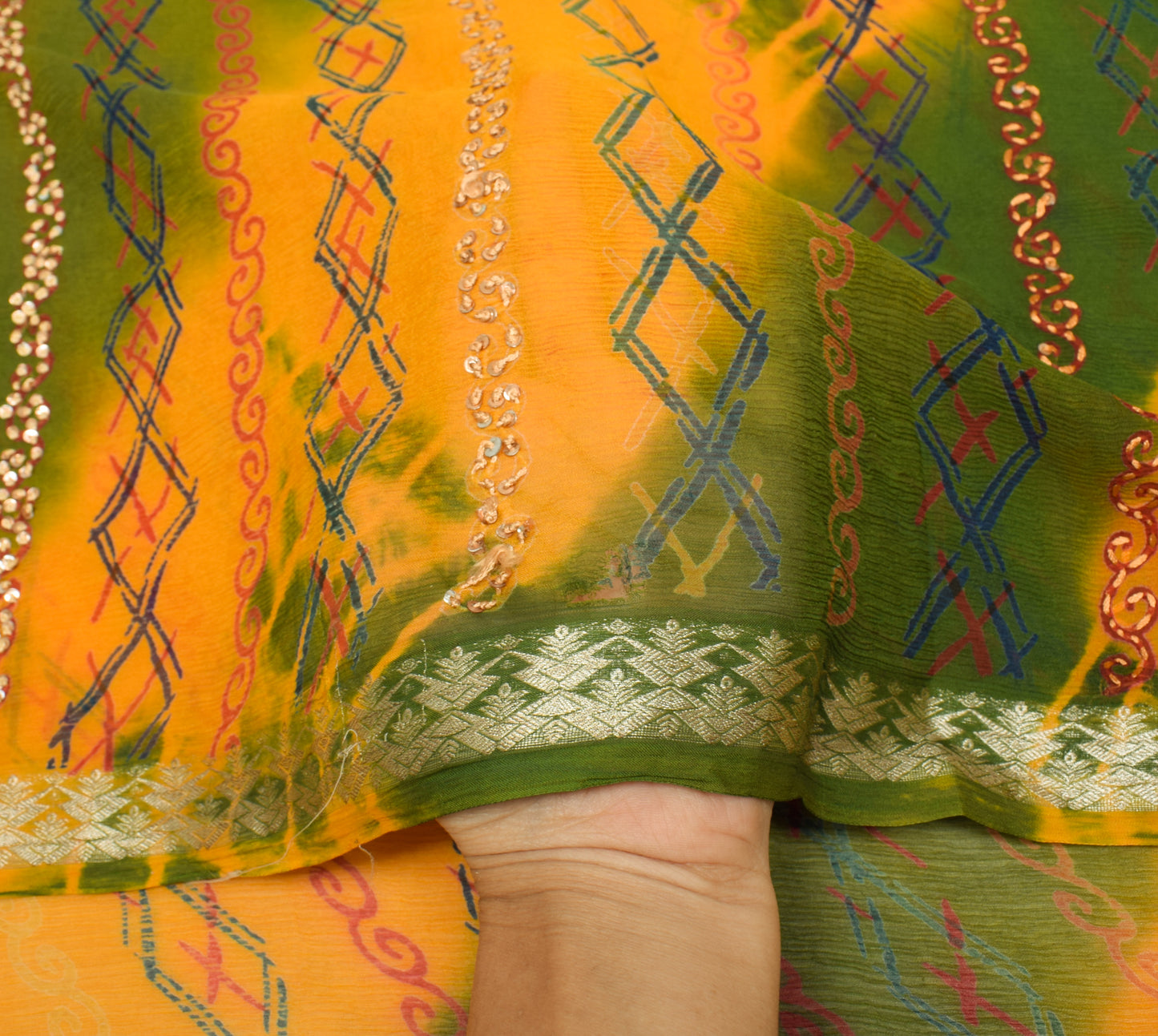 Sushila Vintage Green Saree 100% Pure Chiffon Silk Hand Beaded Sari Dress Fabric