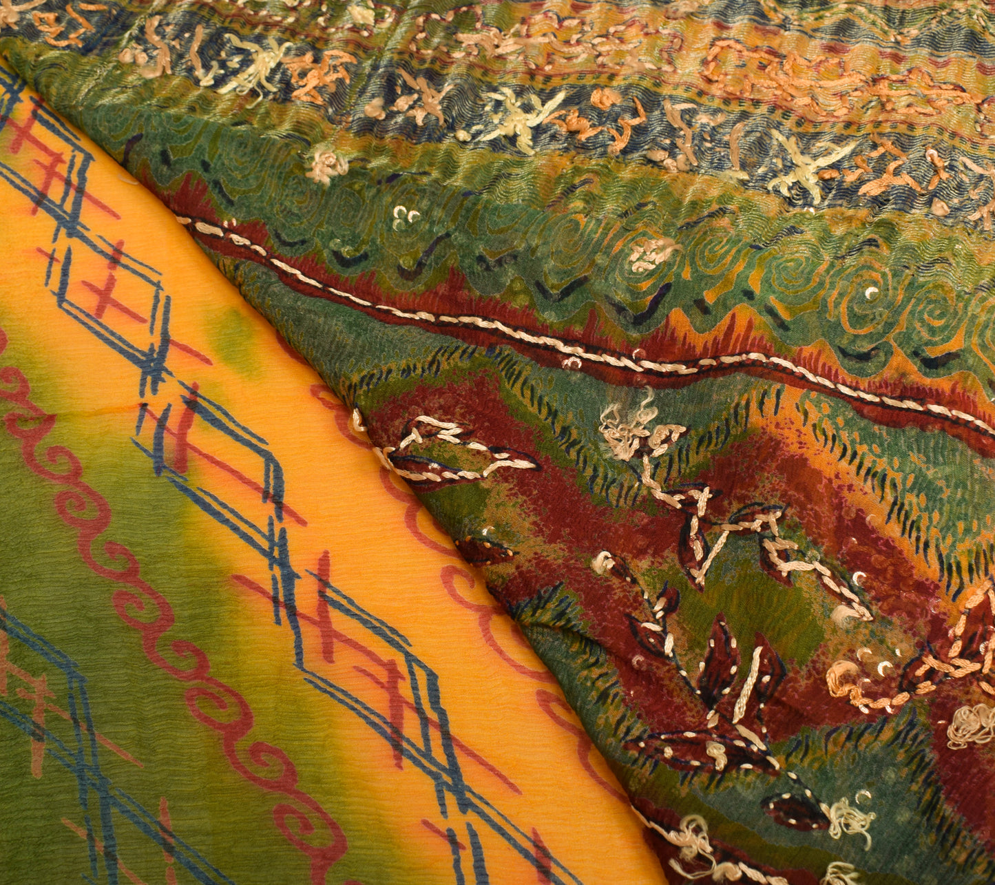 Sushila Vintage Green Saree 100% Pure Chiffon Silk Hand Beaded Sari Dress Fabric