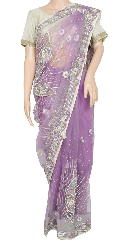 Sushila Vintage Lavender Designer Net Saree Hand Beaded Ready to Wear Sari